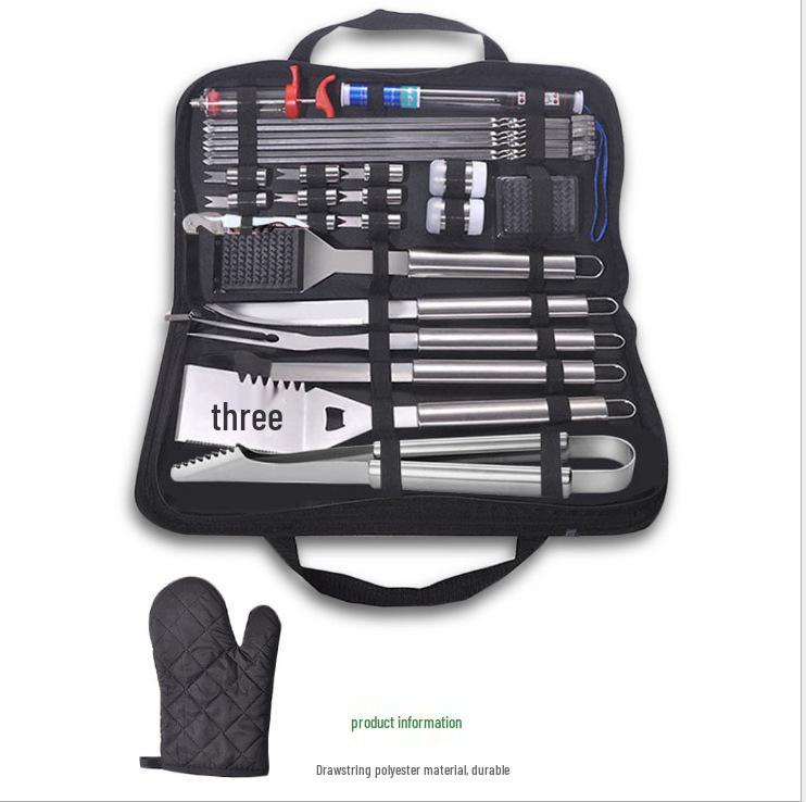 Meigo Stainless Steel BBQ Tool Set, 32 Pieces, with Portable Cloth and Aluminum Case Options, New.