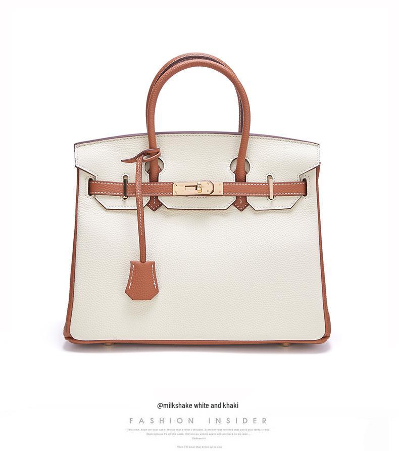 Color Block Genuine Leather Platinum Bag: Large Capacity Togo Cowhide Handbag with Lock - Fashion Shoulder Crossbody