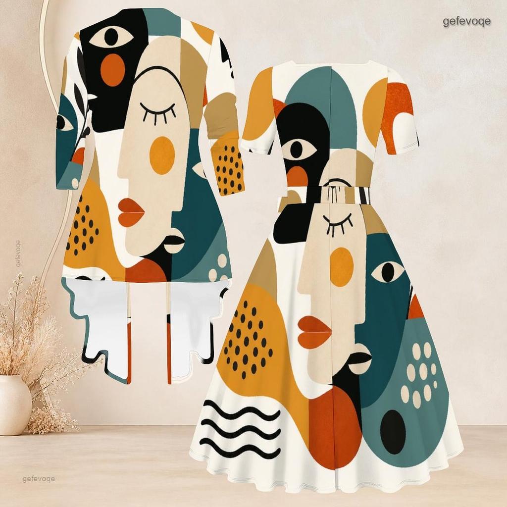 Women Plus Size Abstract Printed Two Piece Set Square Neck Short Sleeve Tie Waist Flared Dress And Long Sleeve Cardigan