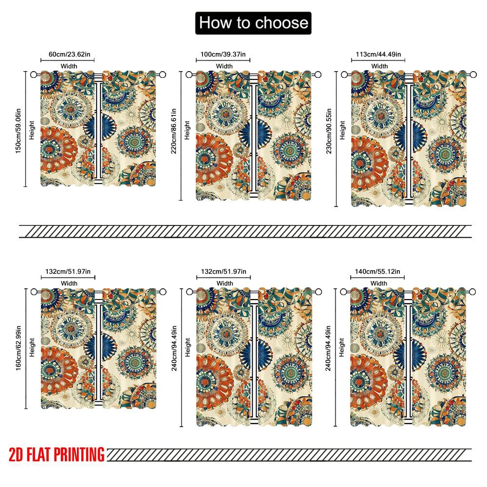 2D Flat Printing 2pcs Curtain Floral Boho Pattern Blackout Polyester Versatile Use for Bedroom Living Room