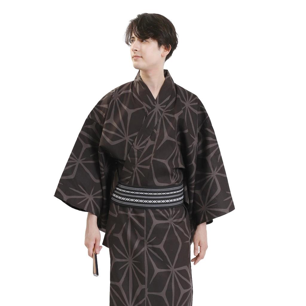Fuuka Yukata and Obi Set Size Hemp Leaf Pattern Size Z33002X Men's (2 Pieces), LL, Brown, (Obi/Black, B43)