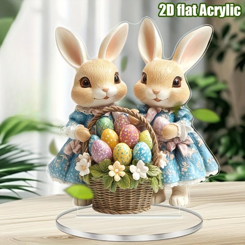 2D Flat Print Style Easter Bunny Acrylic Decor Sign, Colored Egg Basket Design, Suitable for Wall Decoration, Porch, Room, Villa, Accents Home, Hallwa