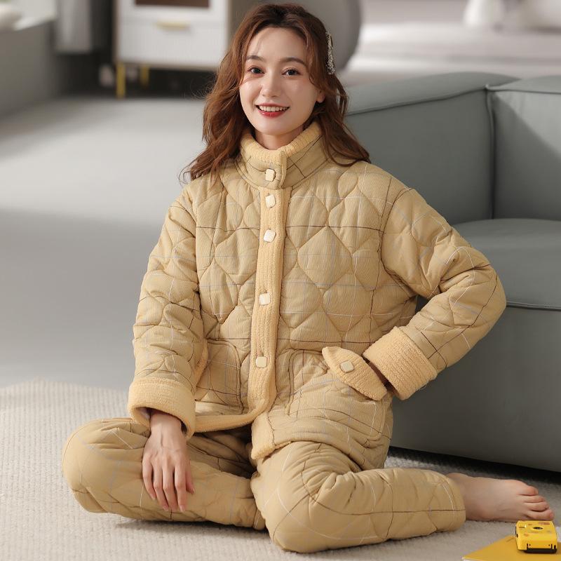 Pajamas Women'S Winter Three-Layer Thickened Fleece Woven Cotton Padded Autumn And Winter Coral Fleece Outer Wear Warm Loungewear