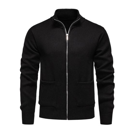 

Мужская вязаная куртка со стойкой, длинными рукавами и застежкой-молнией, свитер-пальто с карманами, утолщенная плюшевая подкладка, трикотаж L чёрный