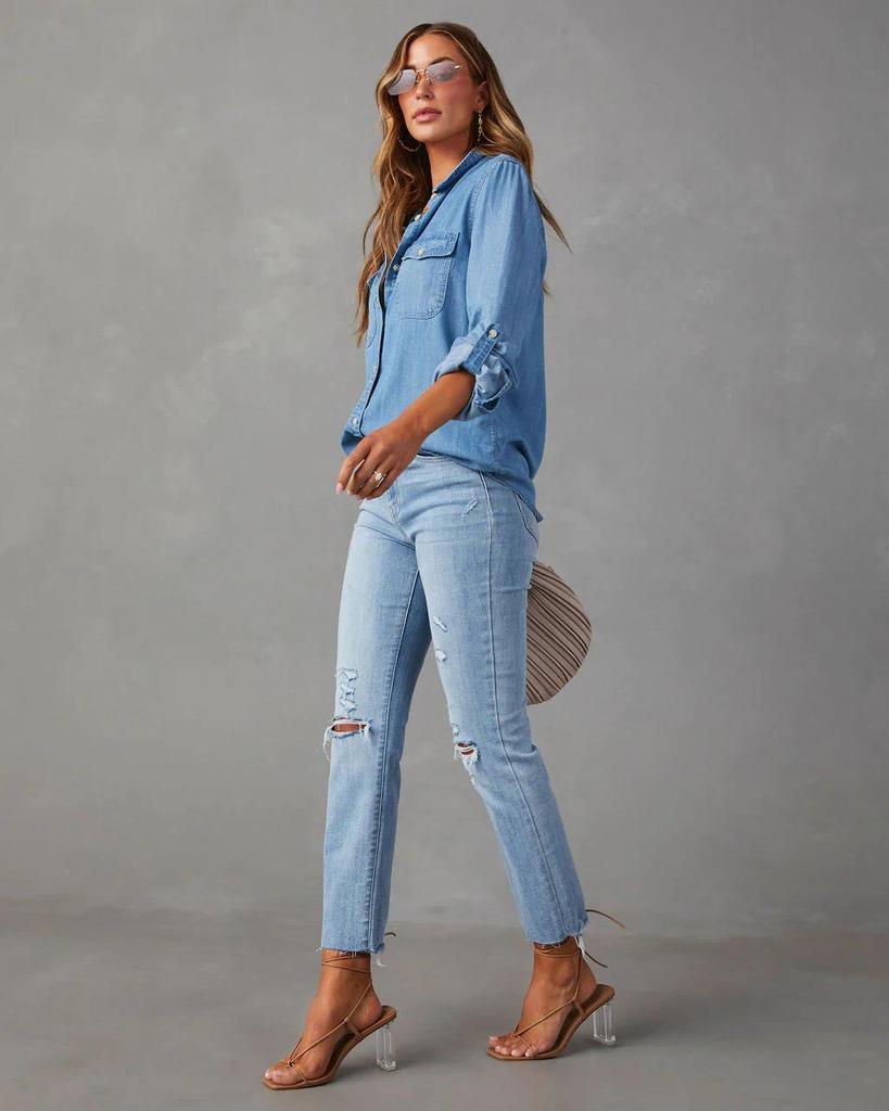 Simple Versatile White Denim Long Sleeve Casual Shirt for Women