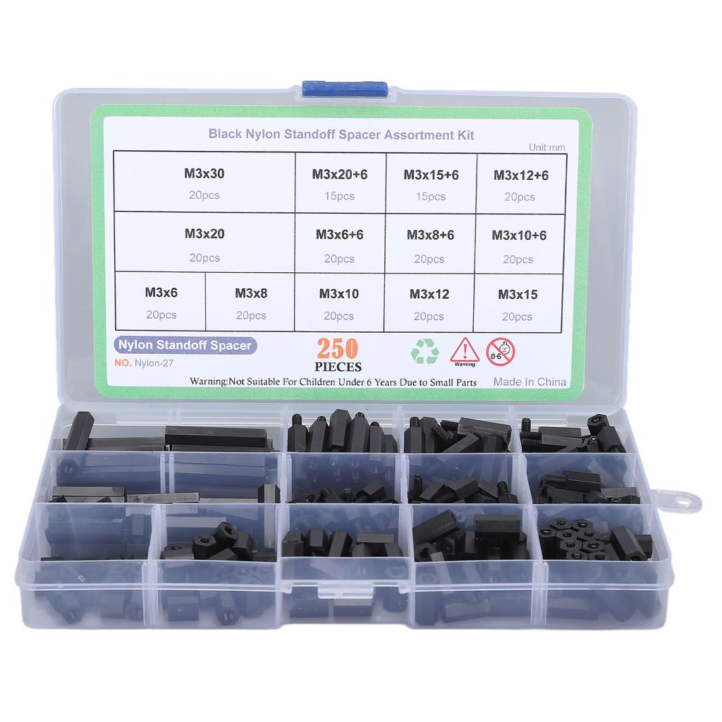 250Pcs Nylon Hex Spacer Standoff M3 Screw Nut Threaded Pillar for DIY UAV Industry