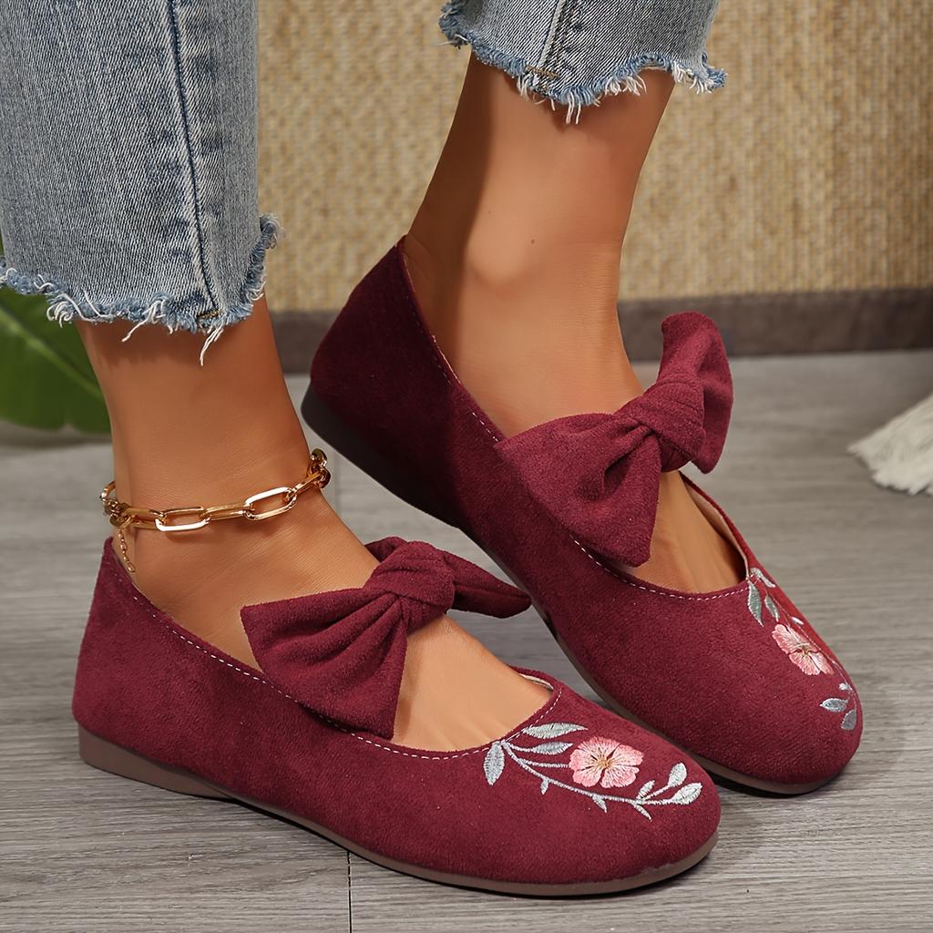 New Embroidered Bow Flat Mary Jane Shoes for Women Cross-border Ethnic Style Slip-Ons