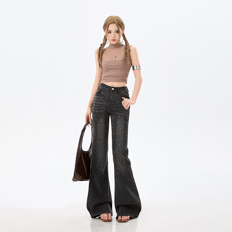 Spring new heavy industry hot diamond slightly pulled jeans women's small high waist elastic thin versatile bell pants