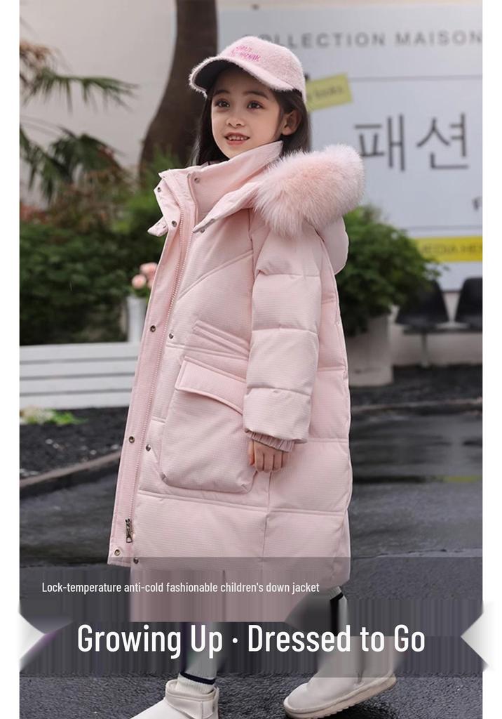 2024 Mid-Length Girls' Thick White Duck Down Jacket - Korean Style Warm Winter Outerwear