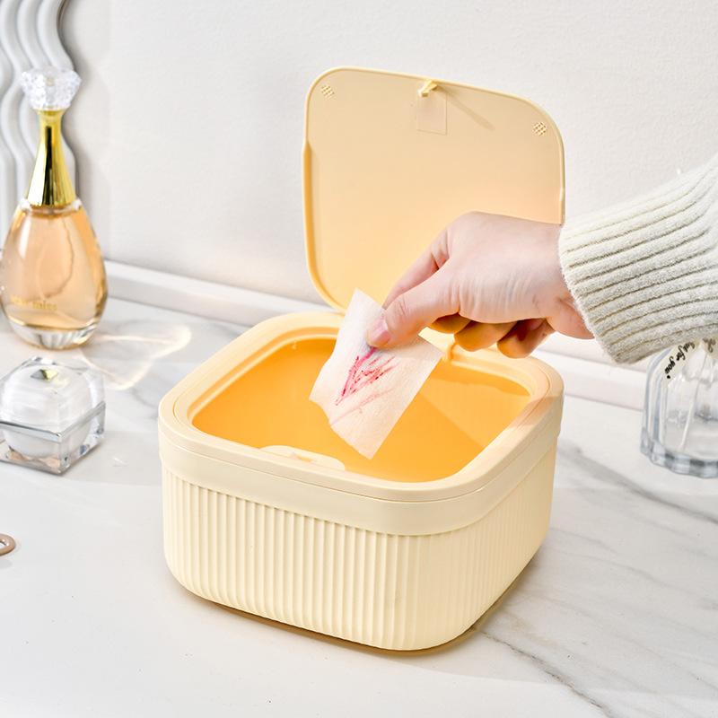 Square Press Type Mini Trash Can Quiet Close Elegant Ribbed Design with Golden Accents Plastic Desktop Bin Bathroom Home Use