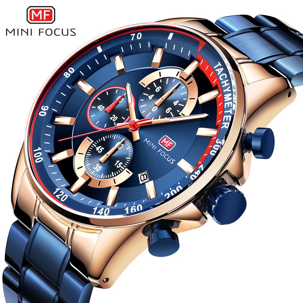 Mini Focus Fashion Steel Belt Speed Measurement Men'S Watch Three-Eye Chronograph Calendar Luminous Waterproof Quartz Watch 0218G
