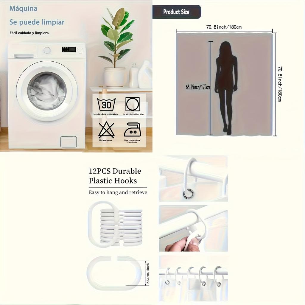 1Pc White And Grey Leaf Patterned Shower Curtain, Polyester Fabric, With Hooks, Suitable For Bathroom Dcor.