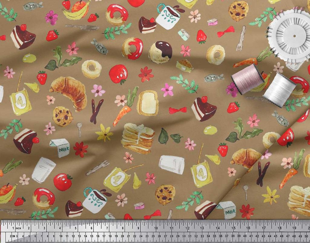 Soimoi Japan Crepe Satin Fabric Fruits,Bread & Donut Food Decor Fabric Printed metre 42 Inch
