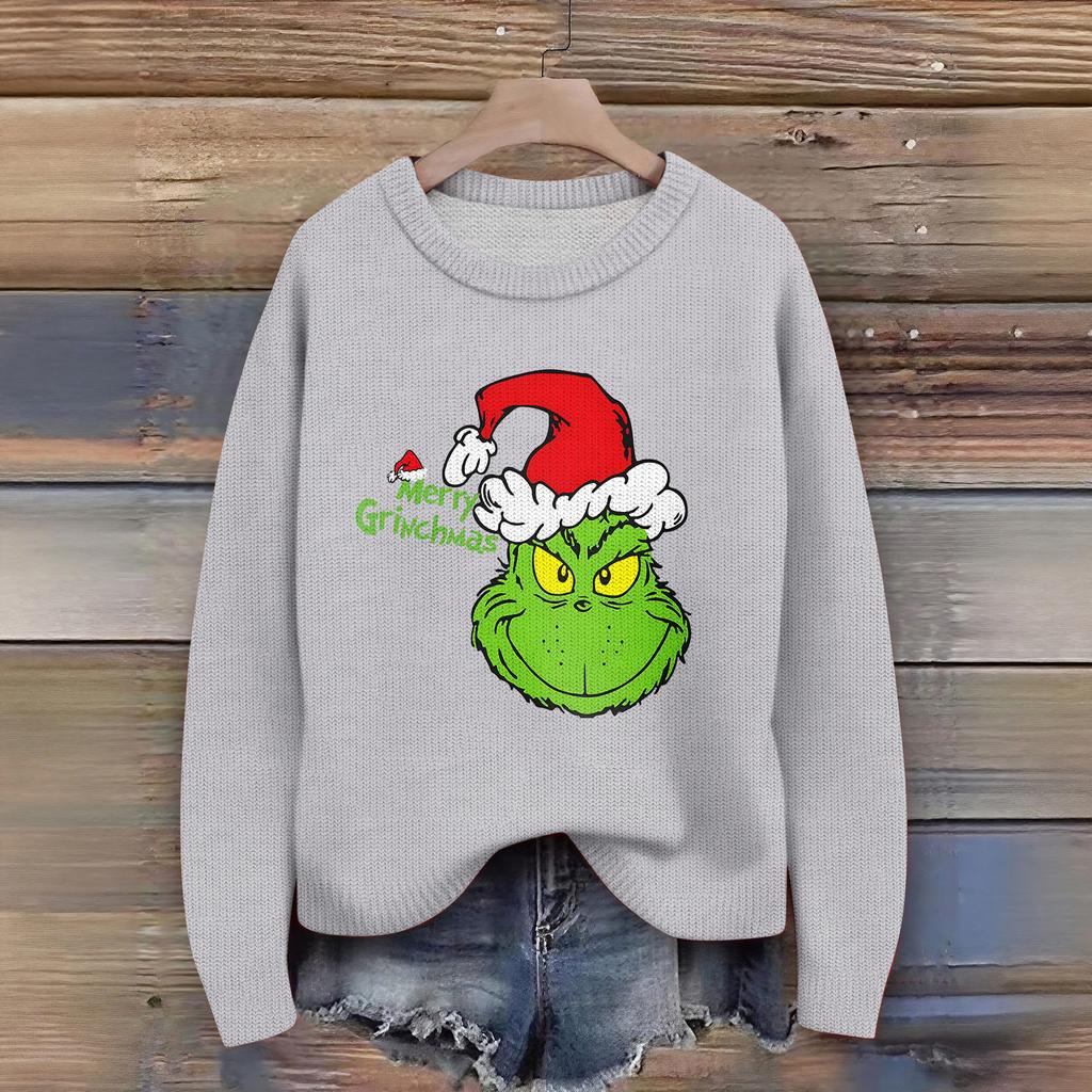 Women's Christmas Print Cardigan Long Sleeve Round Neck Knit Top