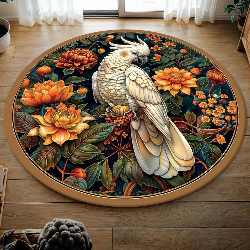 Floral Round Rug with Cockatoo Design, Washable Carpet Boho Vintage Crow Rug for Living Room, Bedroom, Home Decor Floor Mat