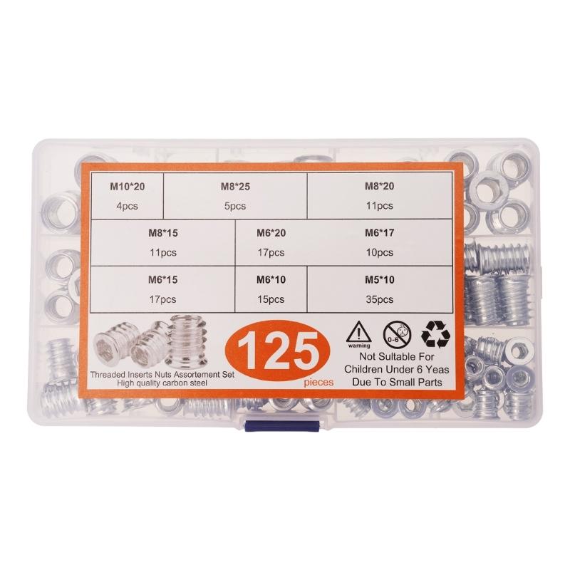 Pack of 125pcs Screw Set 5-10mm Furniture Threaded Nut Set Convenient Wood Threaded Insert Assortment for Wood Furniture 1