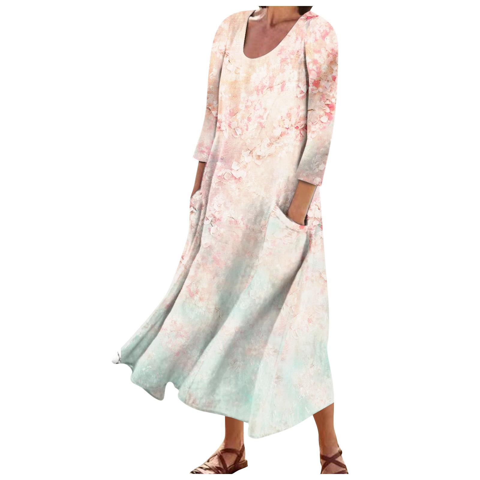 

Жіноча модна повсякденна сукня з круглим вирізом і 3/4 рукавами з вільними кишенями M рожевий