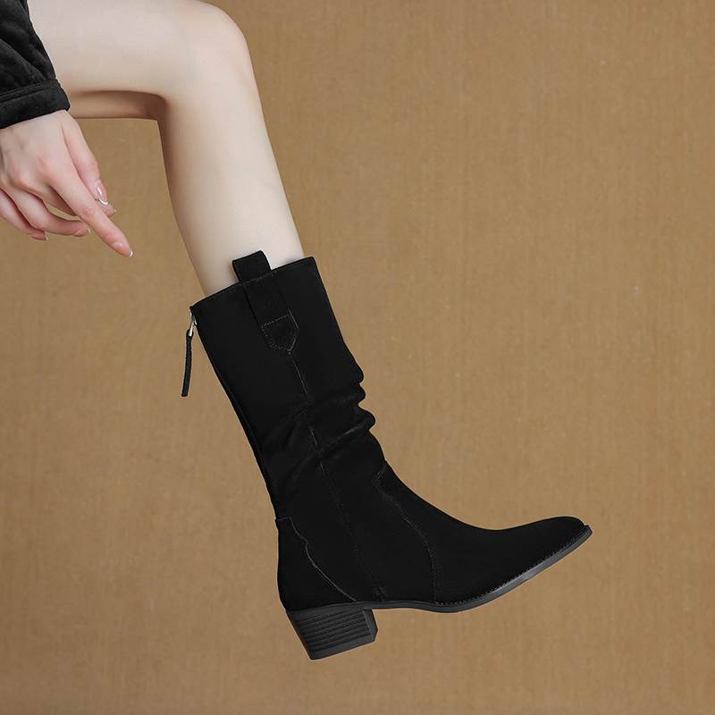 Krazing Pot Nubuc din piele intoarsa de vaci Cizme de iarna cu varf rotund cu toc mediu pentru femei Cizme cu pliuri retro elegante pentru femei la mijlocul gambei