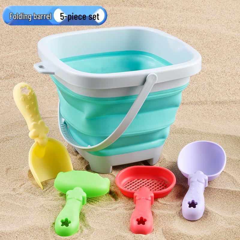 Cross-border Kid's Beach Toy Set: Folding Bucket, Shovel, Sand Tools & Sandglass Accessories