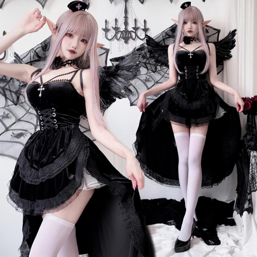 [JUNDOMECY] Witch Devil Cosplay Sexy 6-Piece Set with Feathers and Petticoat, Black and Red, Demon, Vampire, Halloween Costume, Adult Women's, Cute, P