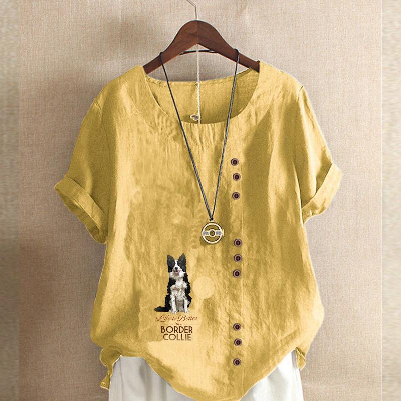 Damenmode Rundhals Kurzarm T-Shirt Lässiges Baumwollleinen Grafikhemd Freizeit Lose Schöner Hund Gedruckt Sommer Bluse Tops