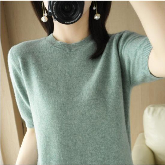 

GMXIA Пуловер, женская свободная футболка без кашемира с круглым вырезом, короткими рукавами и трикотажным низом, короткий топ на весну и осень XXL