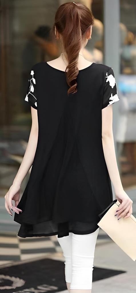 Aspersio Simple Layered Floral Tunic Top with Short Sleeves and Features Tiered Cuff Straight and Round Crew Cut and Sewn Asymmetrical Pullover