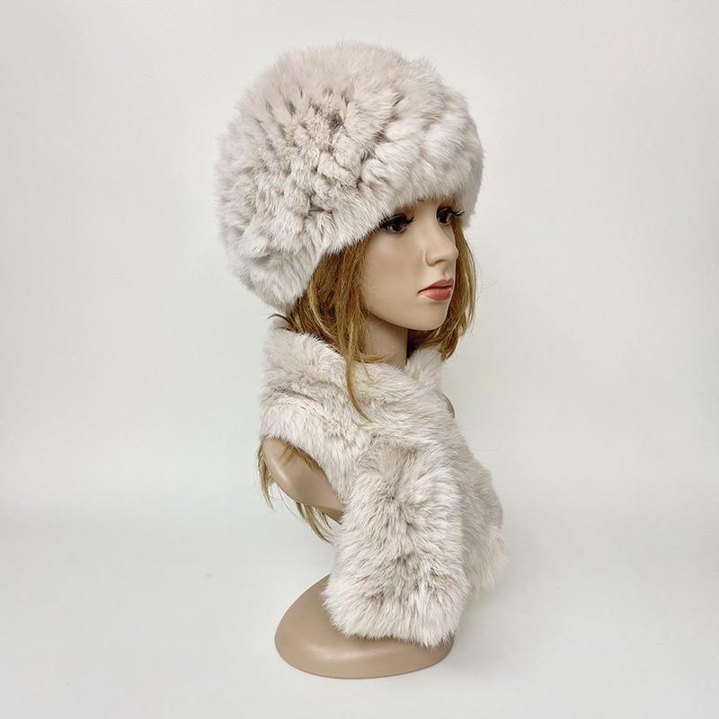 Winter Warm Rabbit Fur Hat Scarf Set Natural Fur Knitted Shawl High Elastic Women Beanie