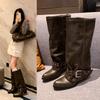 Niche Design Pleated Western Cowboy Boots Autumn Women'S Stack Boots Thick Heel Pointed Knight Boots Trousers