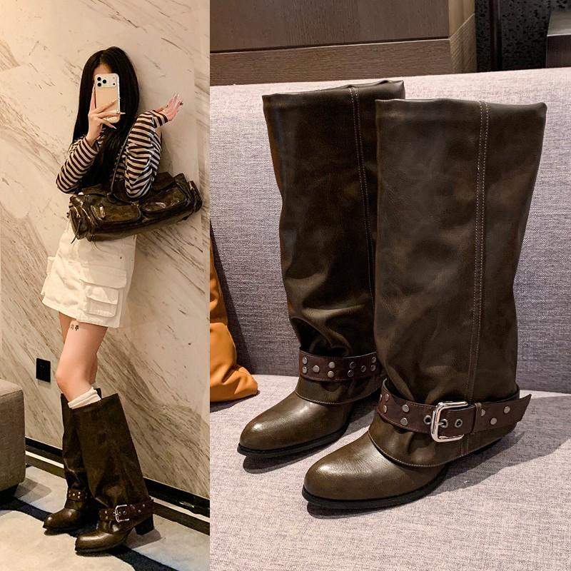 Niche Design Pleated Western Cowboy Boots Autumn Women'S Stack Boots Thick Heel Pointed Knight Boots Trousers