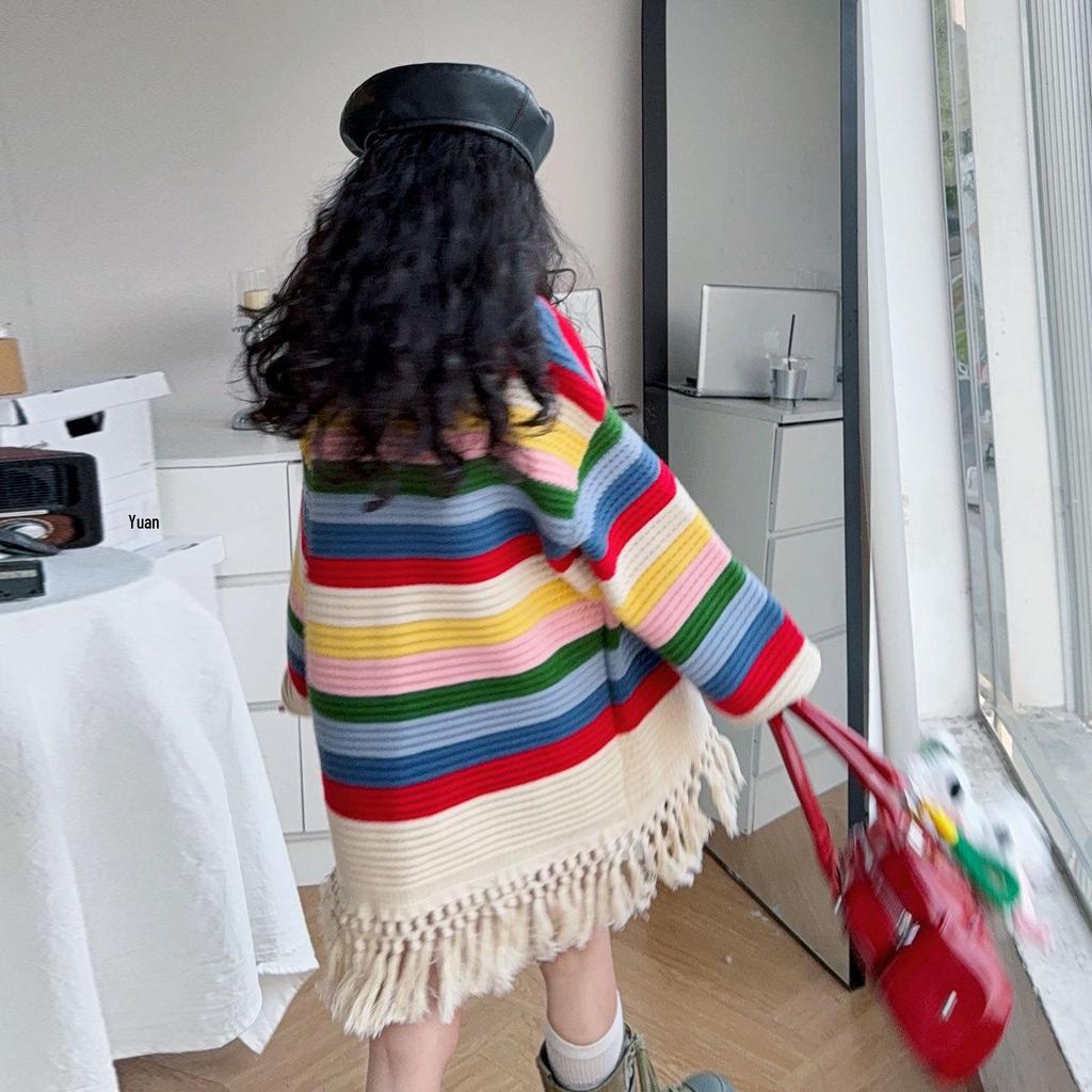 Rainbow Striped Tassel Knit Sweater for Girls - Spring & Autumn Mid-Length Pullover