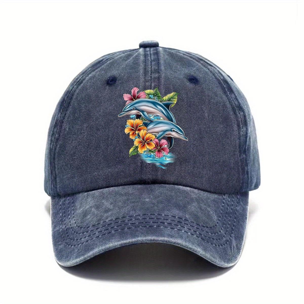 

Dolphin Hibiscus Graphic Washed Baseball Cap Unisex Polyester Casual Outdoor Adjustable Hat One Size