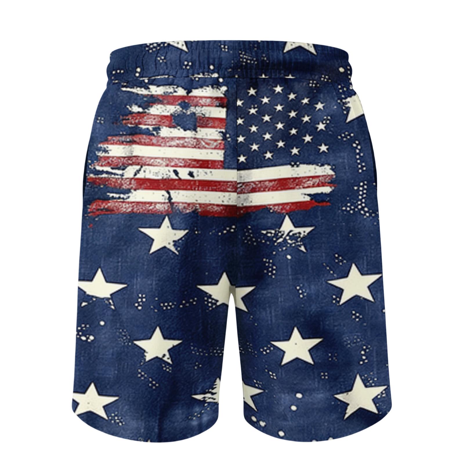 

Men’s Drawstring Waist Casual Shorts with Patchwork Plaid and Flag Print Relaxed Fit Summer Beachwear for Everyday Use L синий