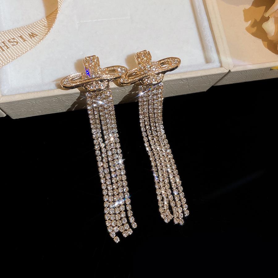 Silver Needle High-End Rhinestone Saturn Tassel Earrings - Elegant Oval Geometric Design, Niche Personality for Women