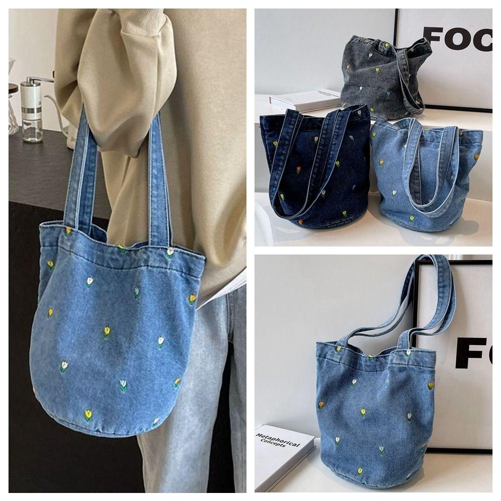

Sweet Denim Bucket Bag Vintage Embroidery Flower Shoulder Bag Cloth Tote Bag Autumn Winter светло-синий