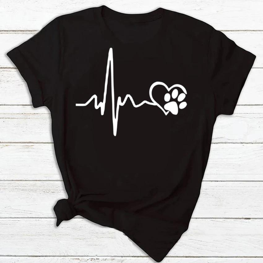 Maycaur Women T Shirt Fashion Dog Heartbeat Print T-shirt Funny 90s Print T Tee Womens Tshirt for Female Red Shirt Clothes Tops