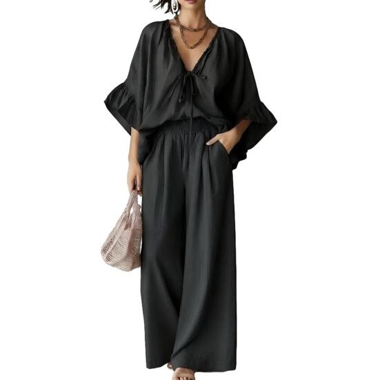 Women s Summer 2 Piece Outfits Ruffle Half Sleeve V Neck Top Matching Wide Leg S
