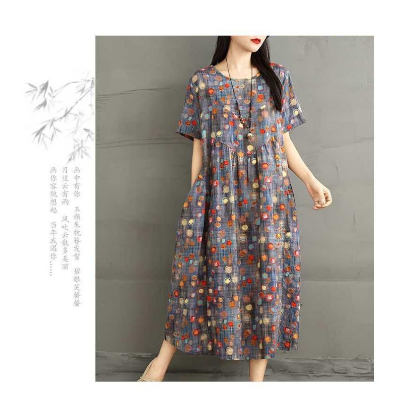 Summer New Retro Round Neck Flower Pocket Short Sleeve Dresses for Women
