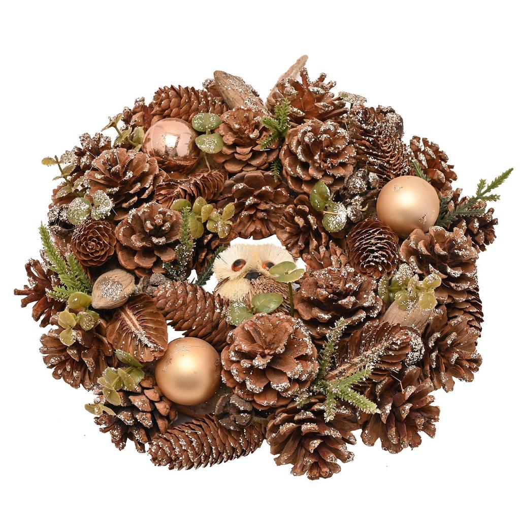 Gold Glitter Pinecone Wreath with Owl 30cm