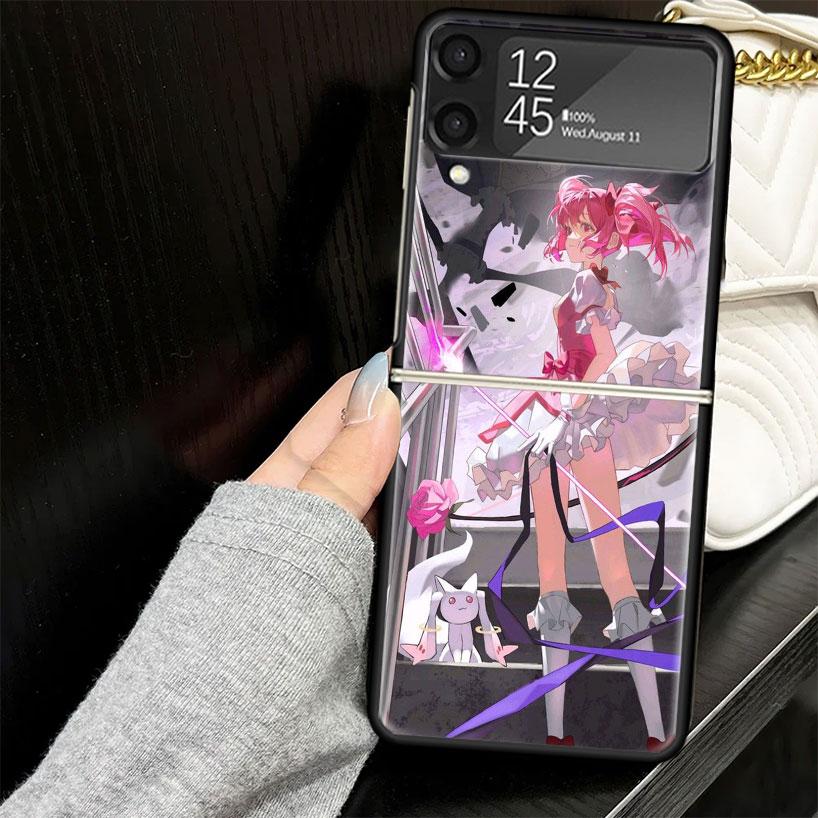 Madoka Magica Anime Case for Samsung Galaxy Z Flip7 Flip6 Flip5 Flip4 Flip3 5G Hard Phone Shell Z Flip 7 6 5 4 3 Black Cover