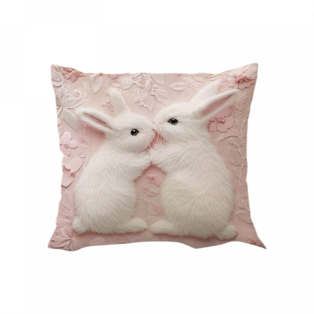 Easter Kissing Bunnies Pillow Cover 2D Fuzzy Floral Print Soft Cozy For Sofa Bed Living Room Spring Romantic Decor Gifts