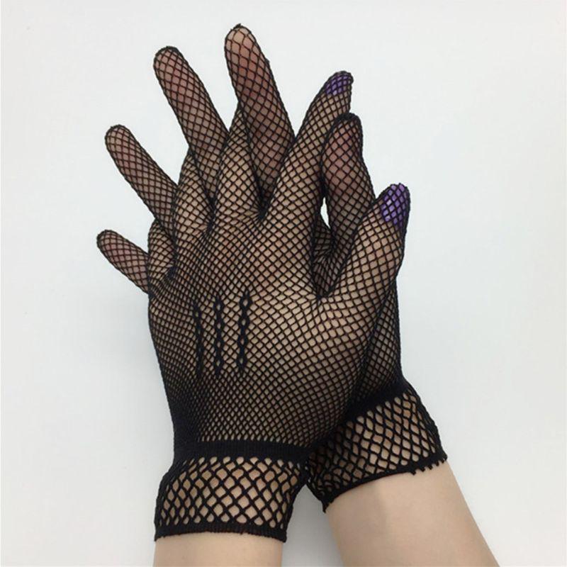 Women Short Fishnet Gloves Sunblock Full Finger Bride Wedding Wrist Mesh Mittens