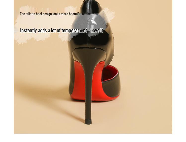 Women's Black Stiletto High Heels with Red Bottom, Side Cutout, and Pointed Toe - 2025 New Patent Leather Nightclub Shoes