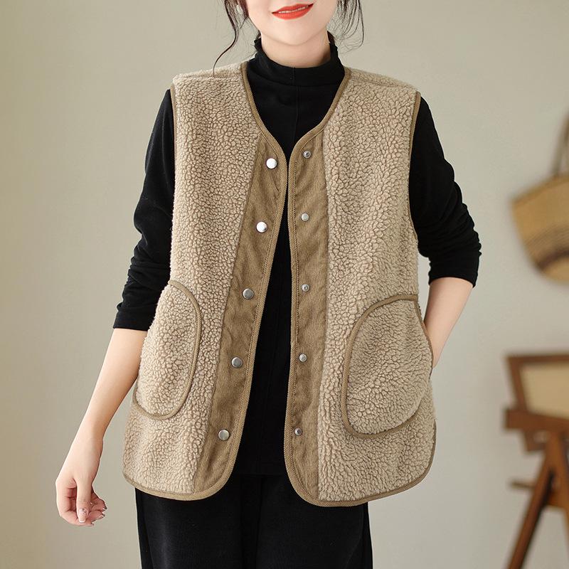 

Women s Double-Sided Lambswool Corduroy Vest – Retro Artistic Sleeveless Jacket for Autumn/Winter XL хакі