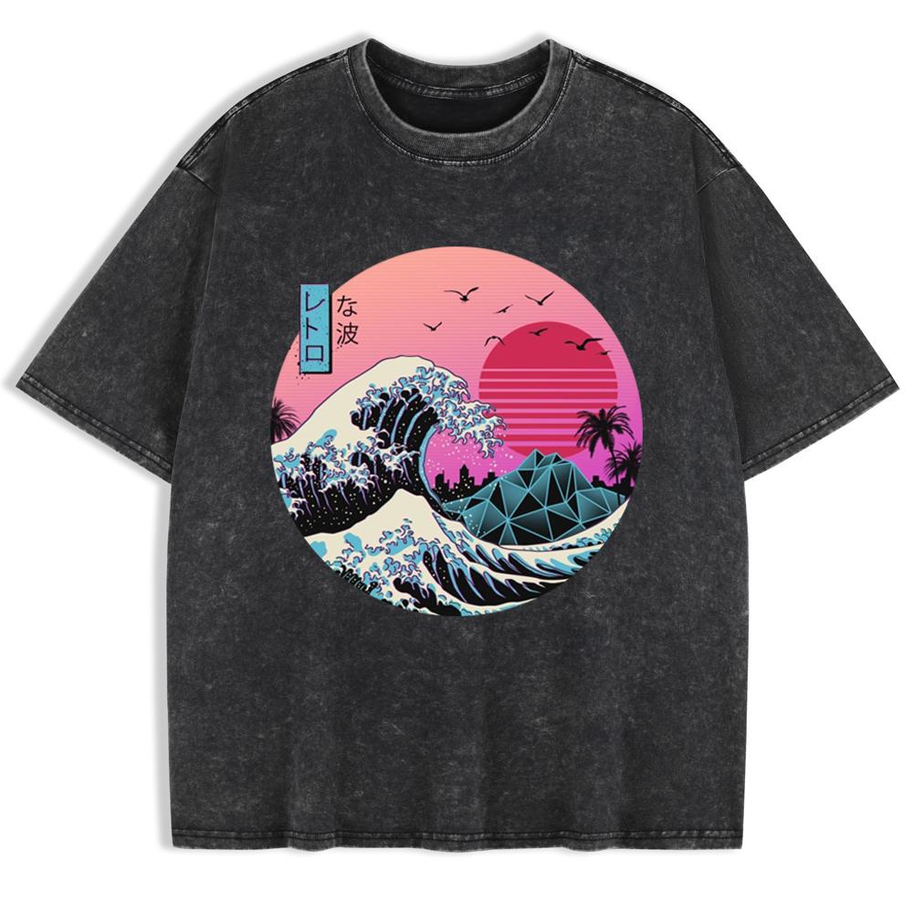 Japan Waves Printed Washed T-Shirts Mens Cotton Oversized T Shirt Summer O-Neck Short Sleeve Tops Basic Soft Clothes