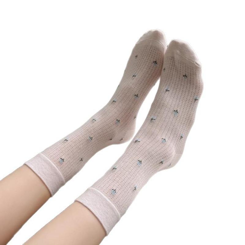2 Pairs of Thin Mesh Small Floral Country-style Women's Mid-length Cotton Socks with Breathable Layers