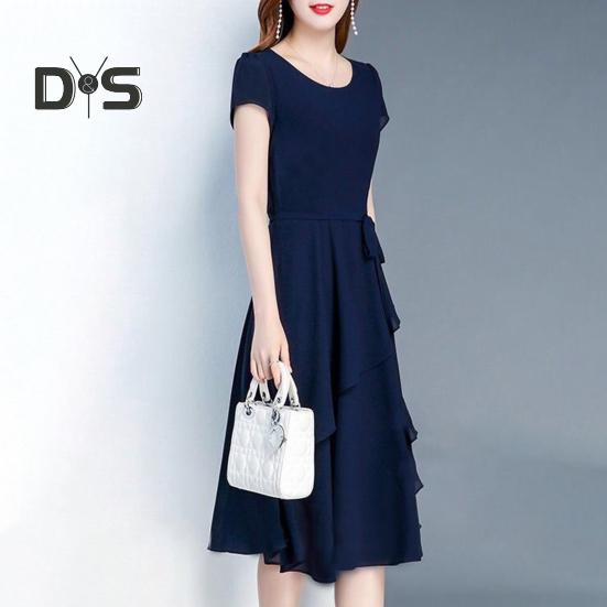 Lady Summer Dress A-line Patchwork Midi Dress O Neck Short Sleeves Lace-up Waist Solid Color Dress for Dating Parties Commuting
