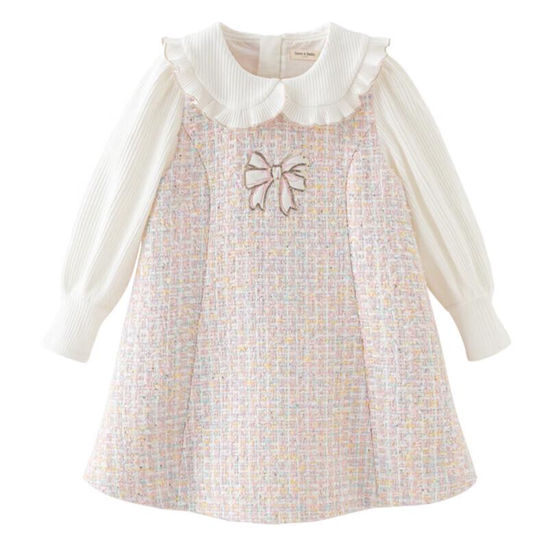 DAVE & BELLA Girls' Spring Pink Plaid Faux Two-Piece Long Sleeve Dress