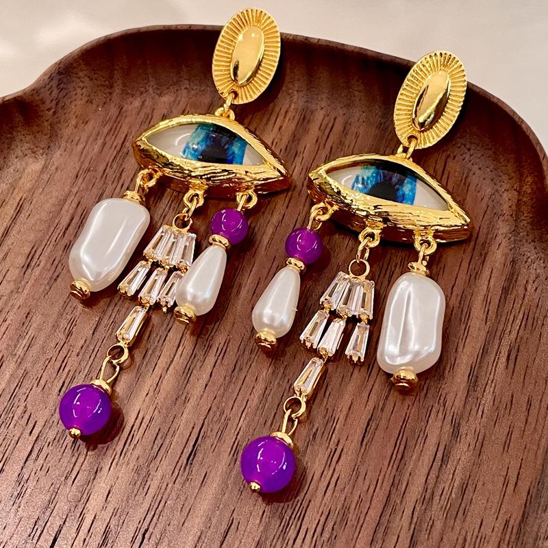 Vintage Baroque Pearl Zircon Tassel Earrings with Crystal Accents