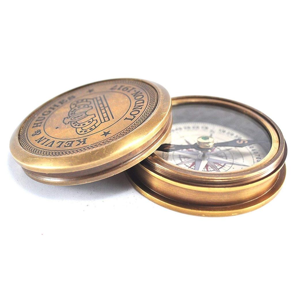 Antique Brass Pocket Compass with Robert Frost's The Road Not Taken Engraved Inside the Cover and Kelvin & Hughes
